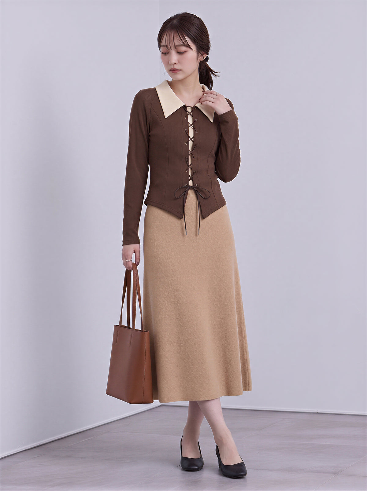 M~2XL 配色ビッグカラー ウエストマーク リボンニット