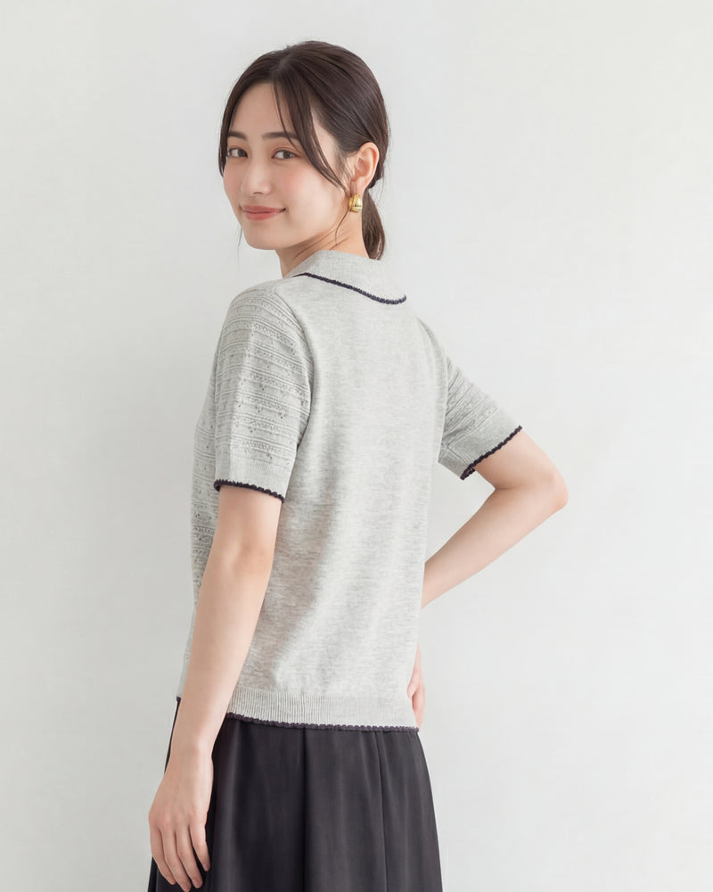 配色パイピングのポロ襟 透かし編み柄 ほどよくシェイプするニットTシャツ