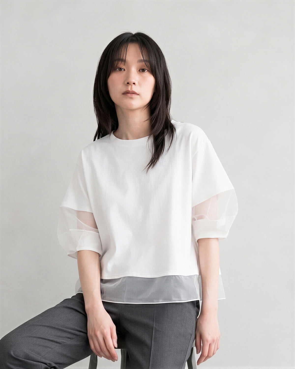 オーガンジー切り替えパフスリーブTシャツ