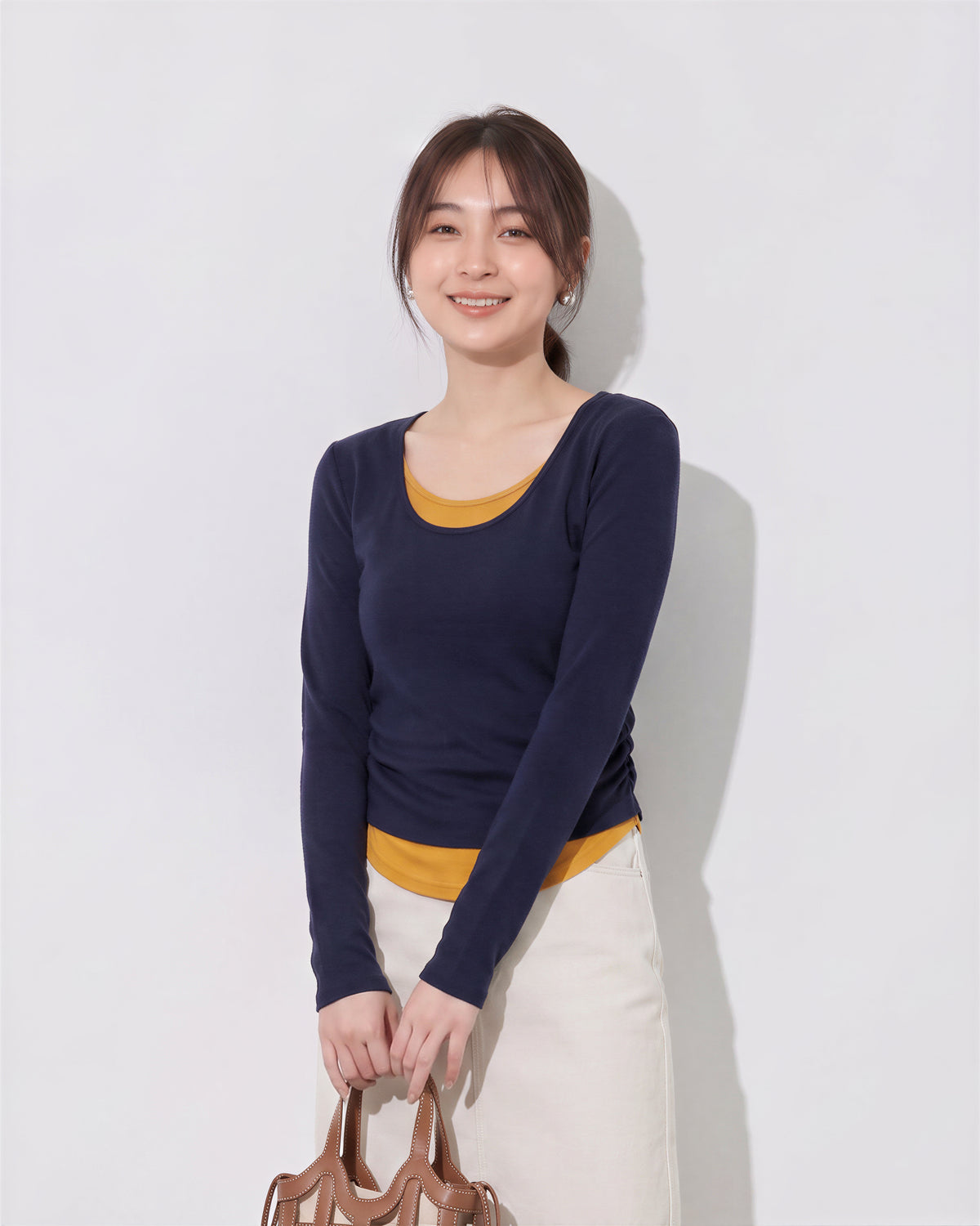 S~XL レイヤード風 クルーネック スリムフィット フェイクツーピース 長袖Tシャツ