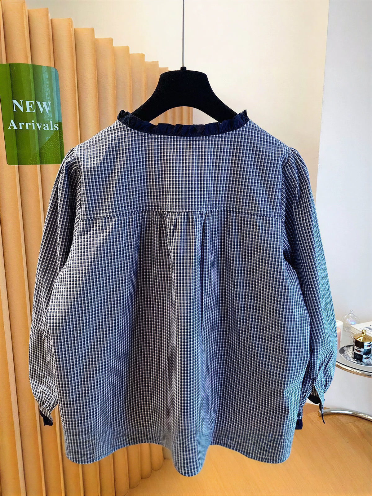 【秋新作】S~2XL フリルネックリボン付きチェックシャツ