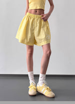 ウエストゴム ハイウエスト 花柄プリント ワイドショートパンツ-ライトイエロー-2XL