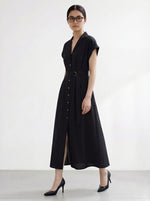 ブラック 襟付き ウエストマーク スリット入り シャツワンピース