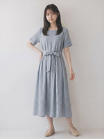 ウエストマーク リボン付き ラウンドネック 半袖 ミモレ丈ワンピース-サックス-2XL