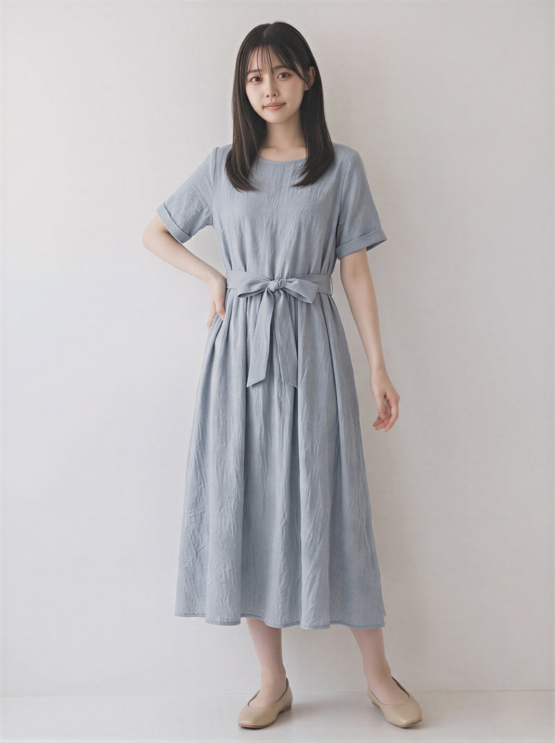 ウエストマーク リボン付き ラウンドネック 半袖 ミモレ丈ワンピース-サックス-2XL