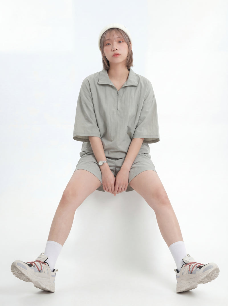 ハーフジップ 襟付き ルーズPOLOシャツ＆ショートパンツ 2点セット