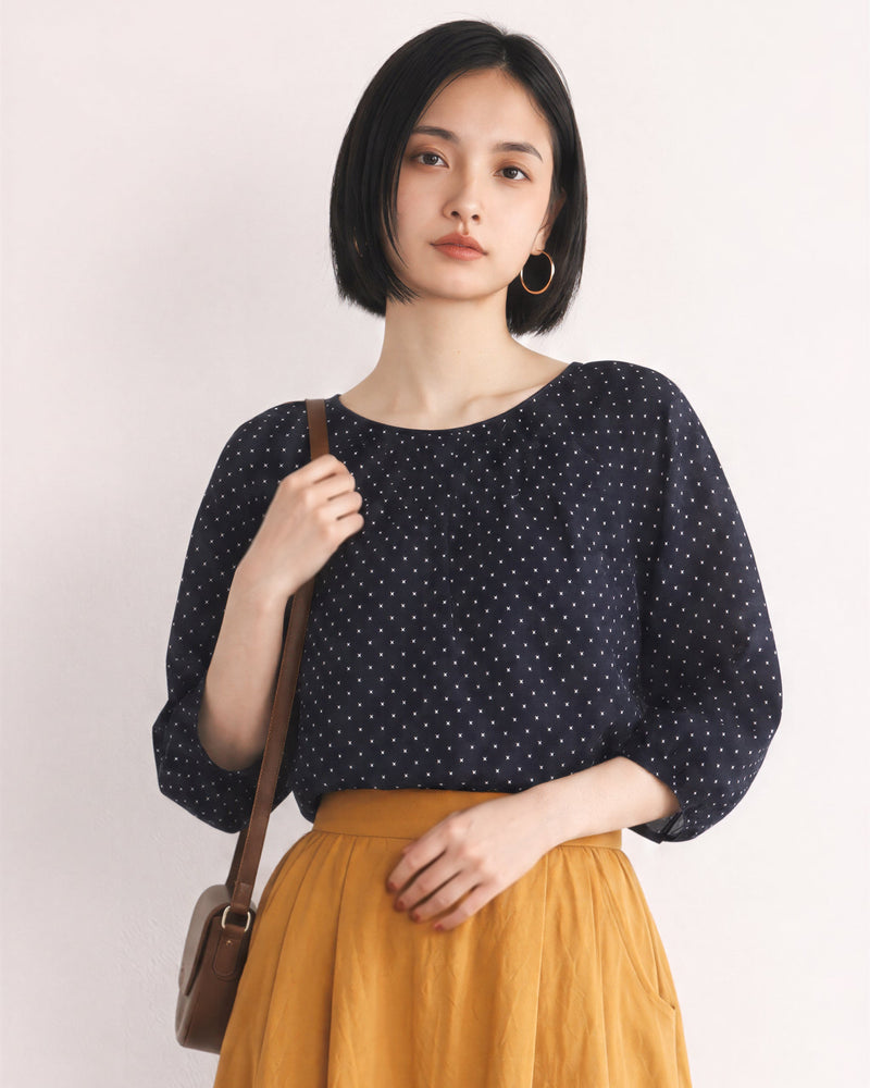 ネイビードット ギャザー入り ゆったりブラウス-ダークブルー-2XL
