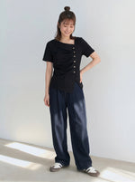 斜め前立てタック入り アシンメトリーヘム 半袖Tシャツ