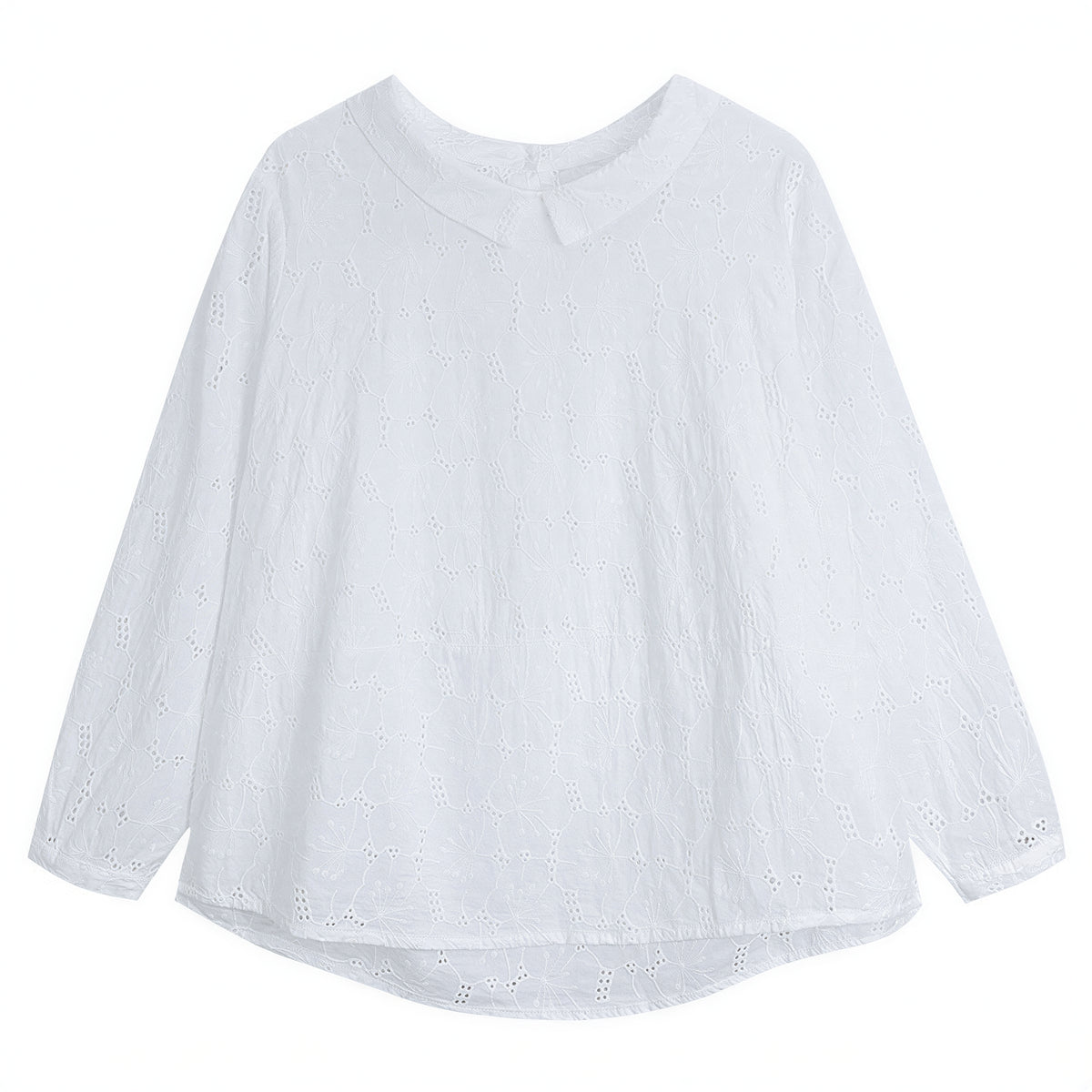 M~2XL ホワイト 透かし柄 襟付き ゆったり長袖シャツ