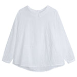 M~2XL ホワイト 透かし柄 襟付き ゆったり長袖シャツ
