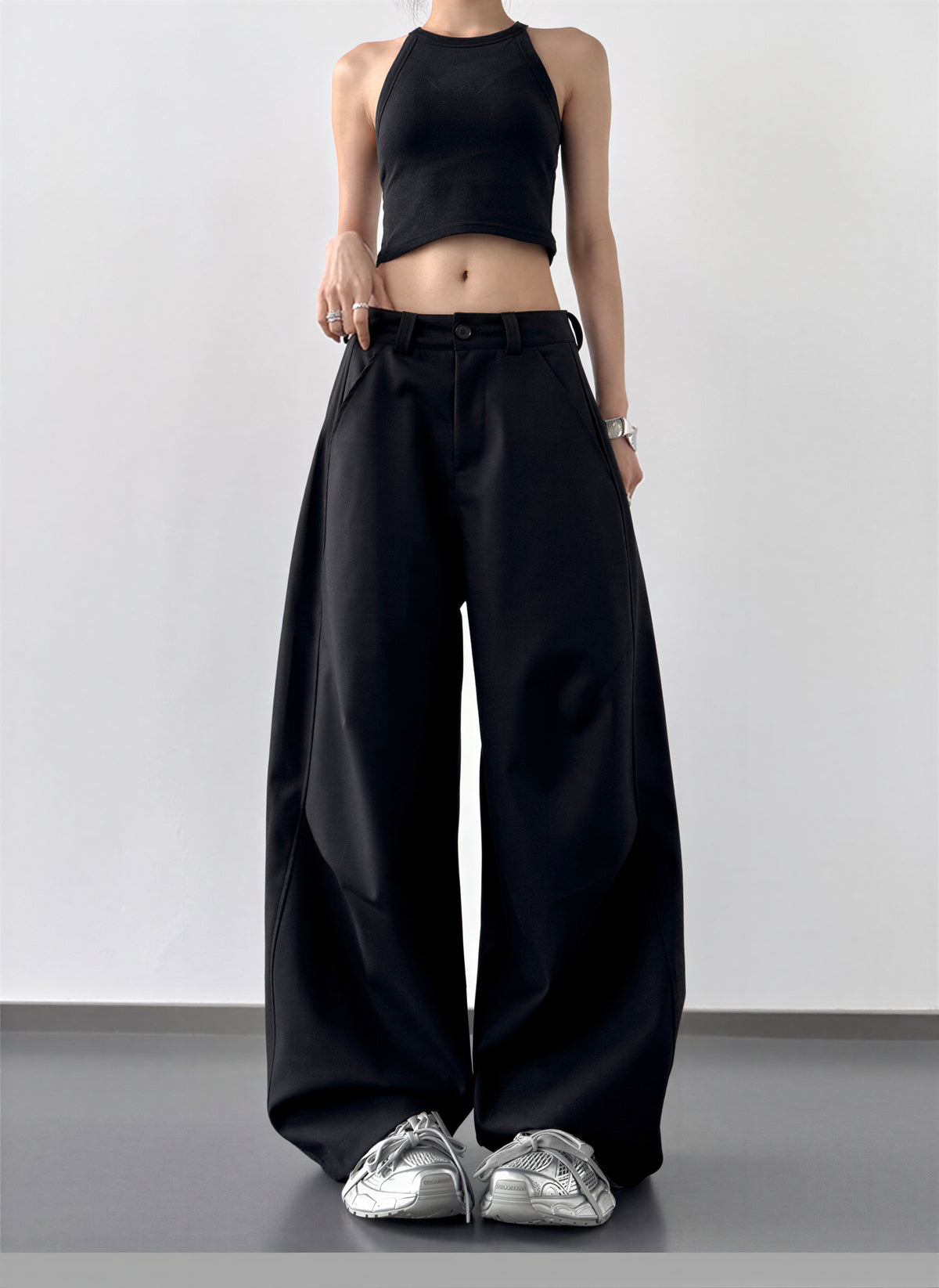 S-XL ローライズ 立体プリーツ ワイドパンツ