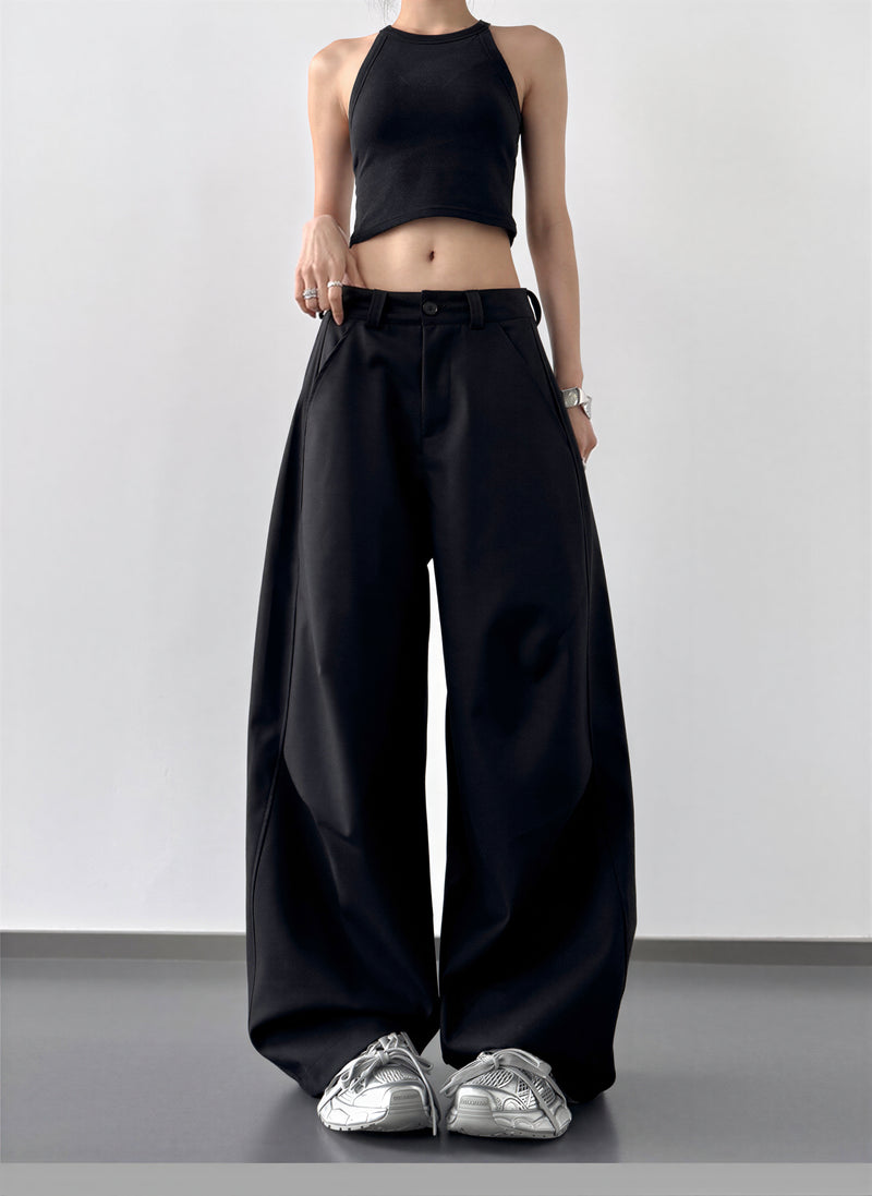 S-XL ローライズ 立体プリーツ ワイドパンツ