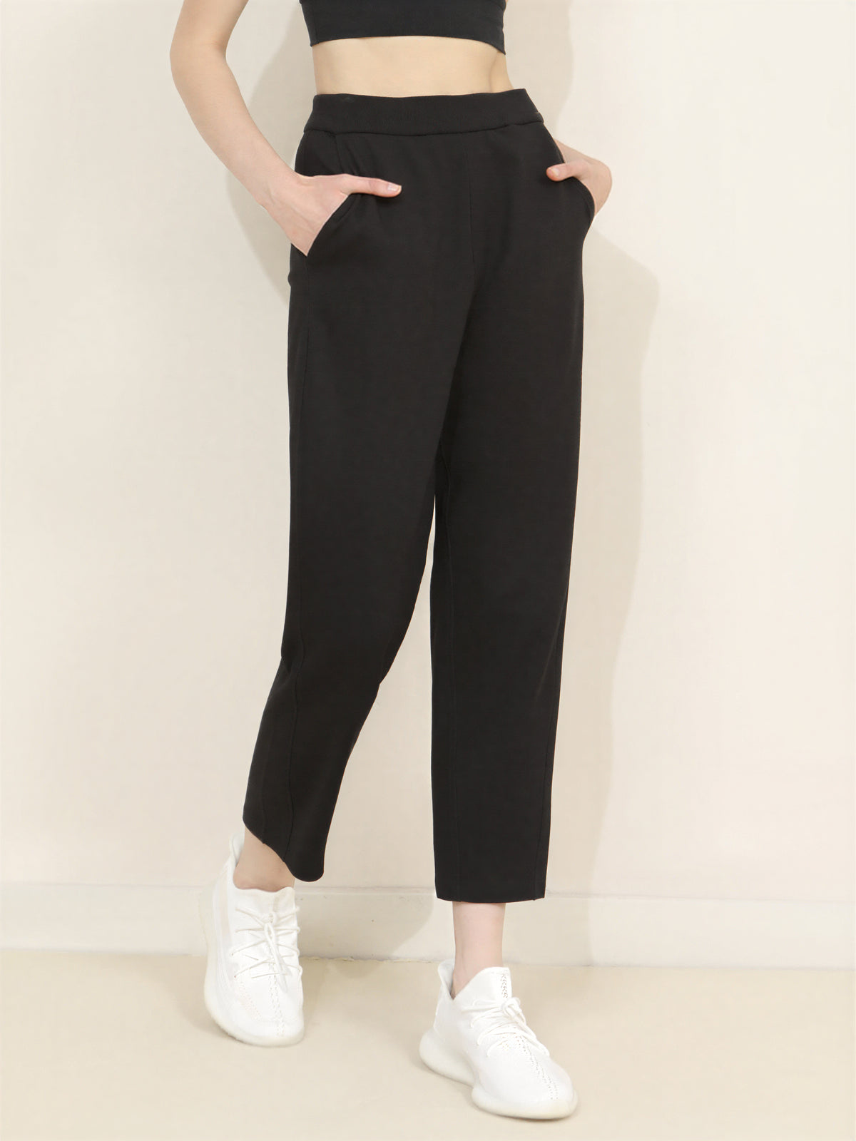 ハイウエスト ストレート 9分丈 ハーレムパンツ-ブラック-2XL