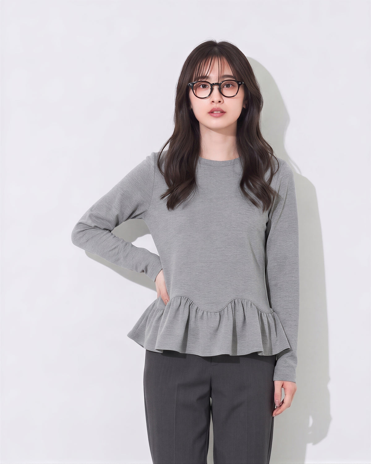 S~2XL ウエストシェイプ ペプラム裾 長袖Tシャツ