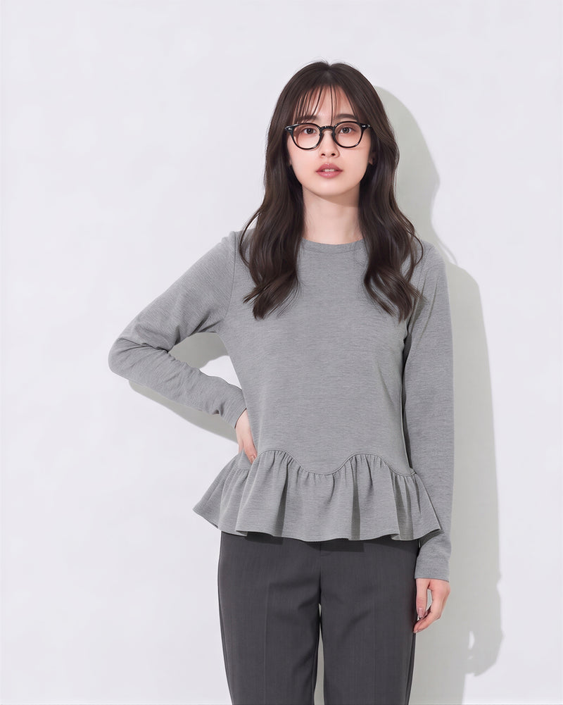 S~2XL ウエストシェイプ ペプラム裾 長袖Tシャツ