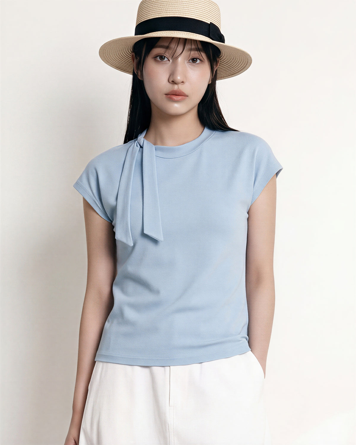 ワンショル風リボンデザイン すっきりフィット半袖Tシャツ