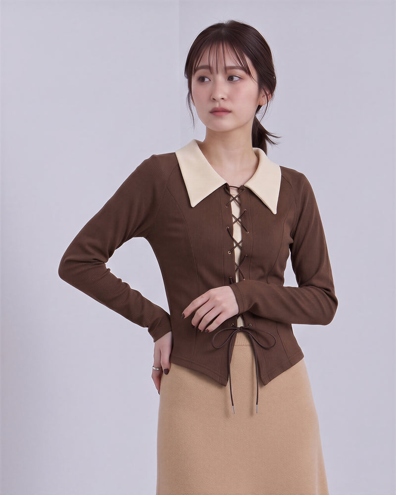 配色ビッグカラー ウエストマーク リボンニット-ブラウン-L