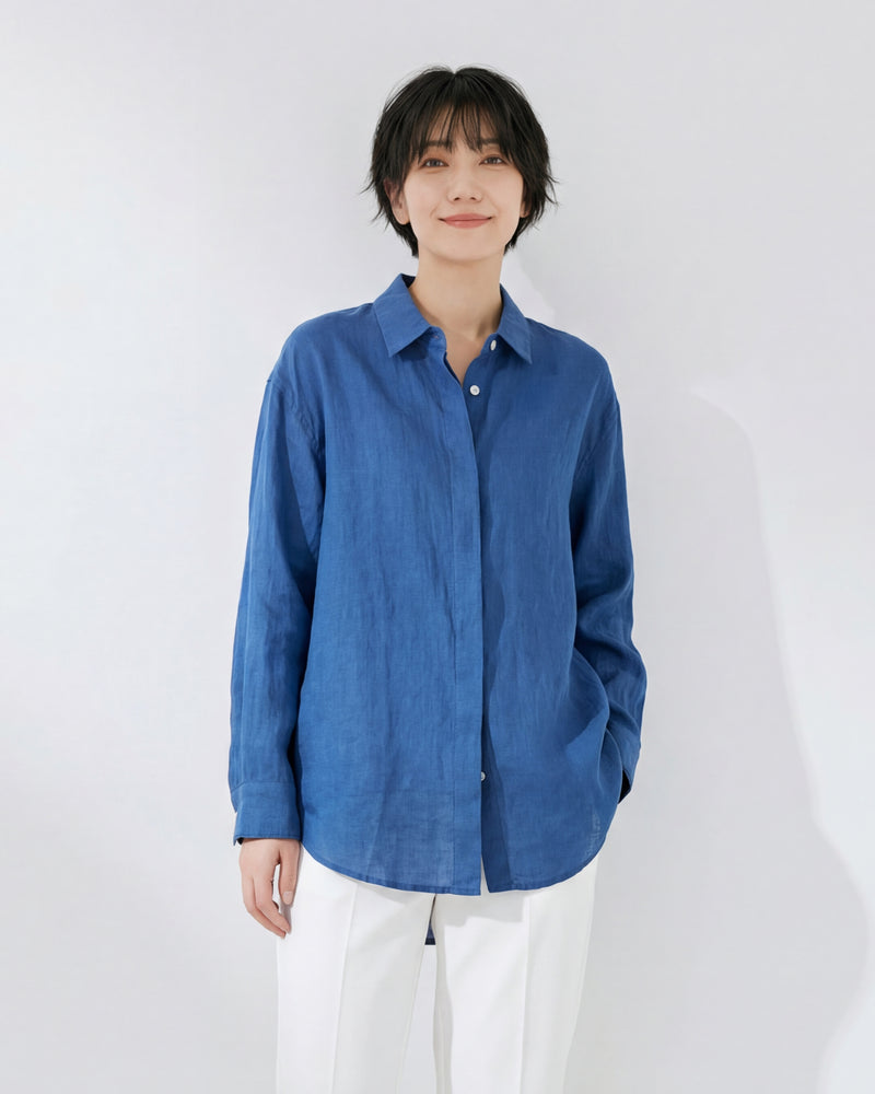 ドロップショルダー ルーズ ラウンドヘム 長袖シャツ-ブルー-2XL