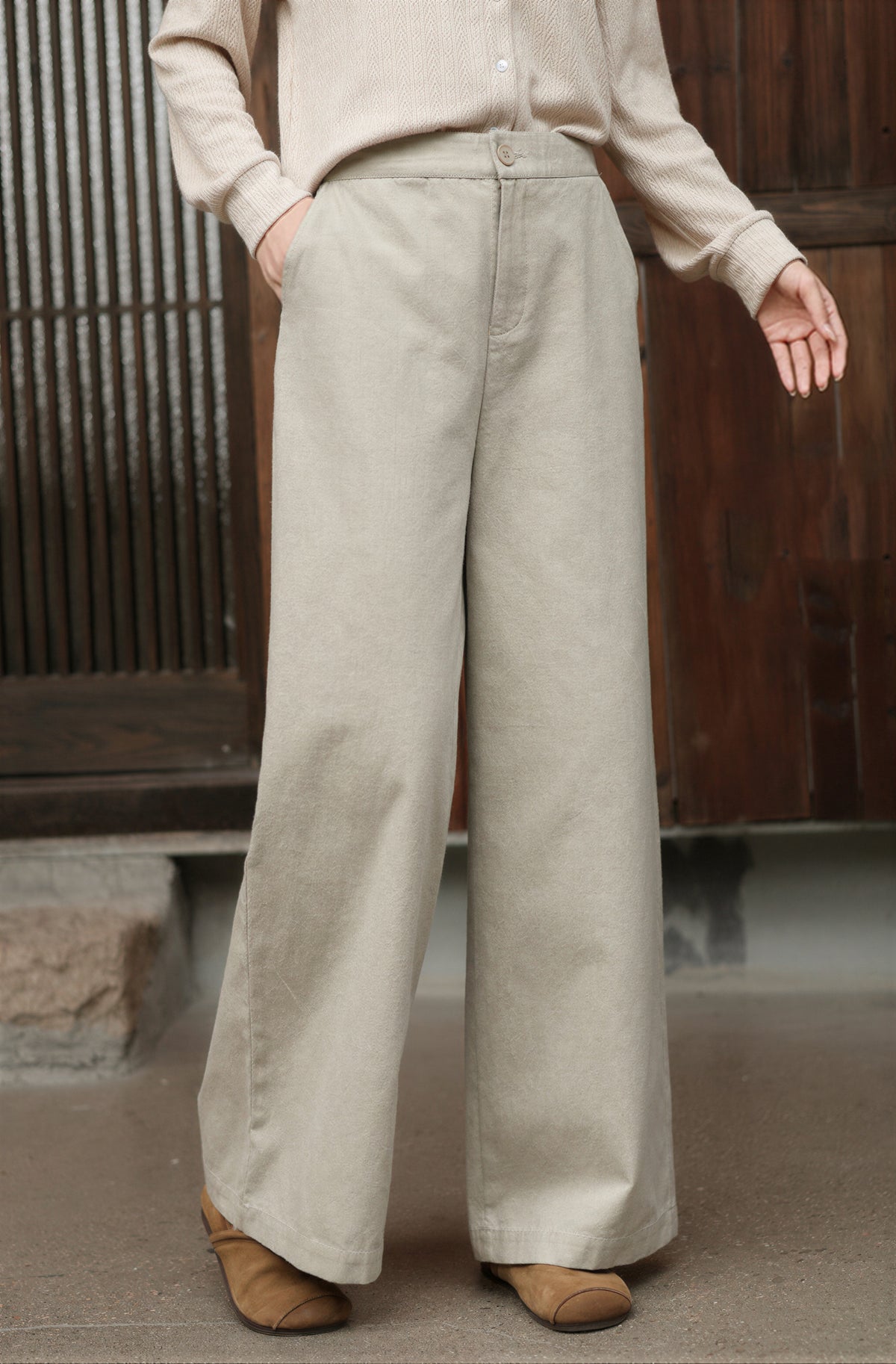 綿95％・ストレートワイドパンツ・ハイウエスト