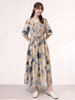 M~2XL ライトベージュ Vネック ウエストリボン 花柄ロングワンピース