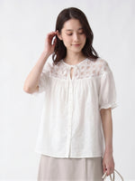 カットワーク切り替えリボンブラウス-ホワイト-4XL