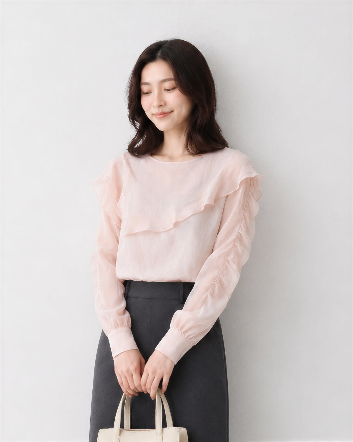 M~4XL ラッフルティアード ギャザースリーブブラウス