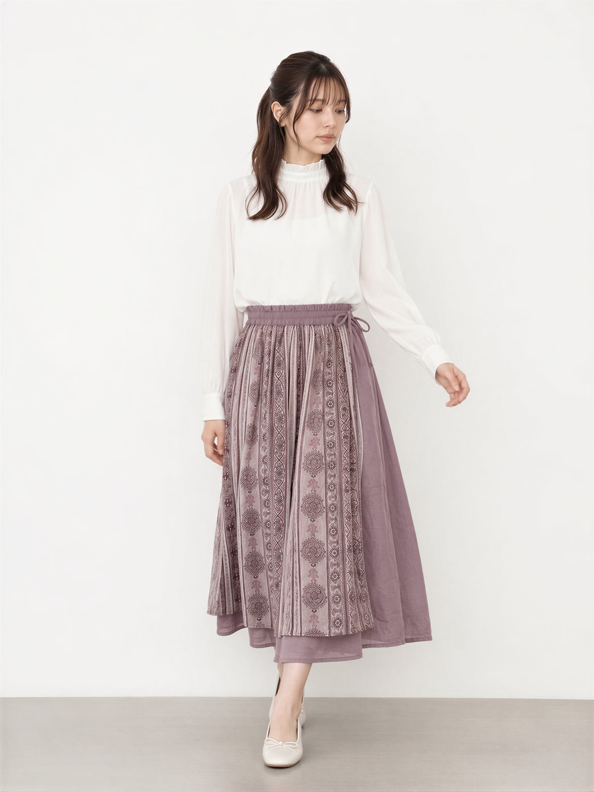 M~2XL パープル切り替えプリント エアリー ロングスカート