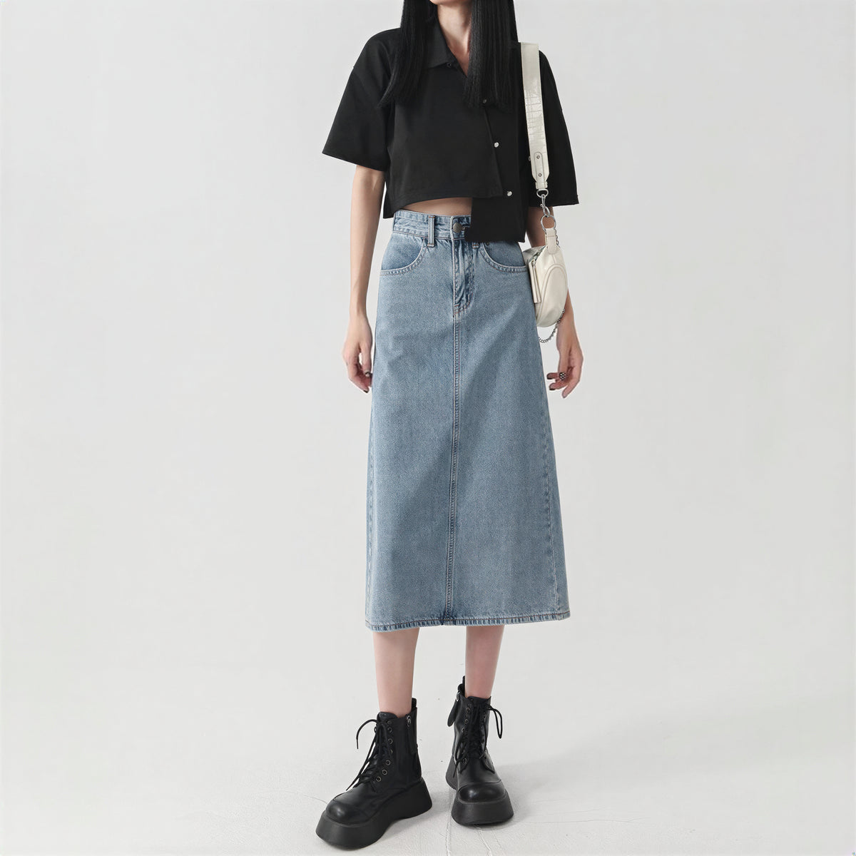 ハイウエスト ストレート スリット デニムスカート-サックス-5XL