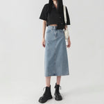 ハイウエスト ストレート スリット デニムスカート-サックス-5XL