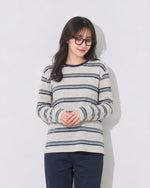 S~XL ボーダー クルーネック ゆったりTシャツ