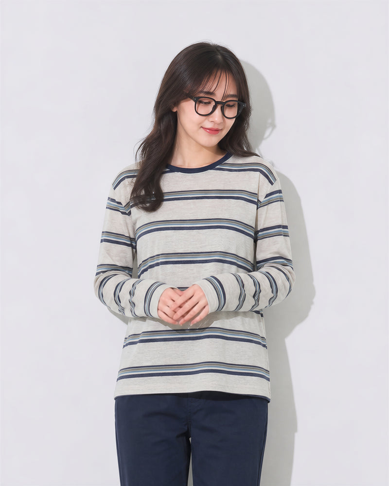 S~XL ボーダー クルーネック ゆったりTシャツ