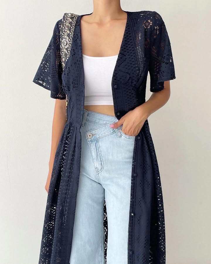 透かしレース ロング丈 リボン付き UV対策 カーディガン