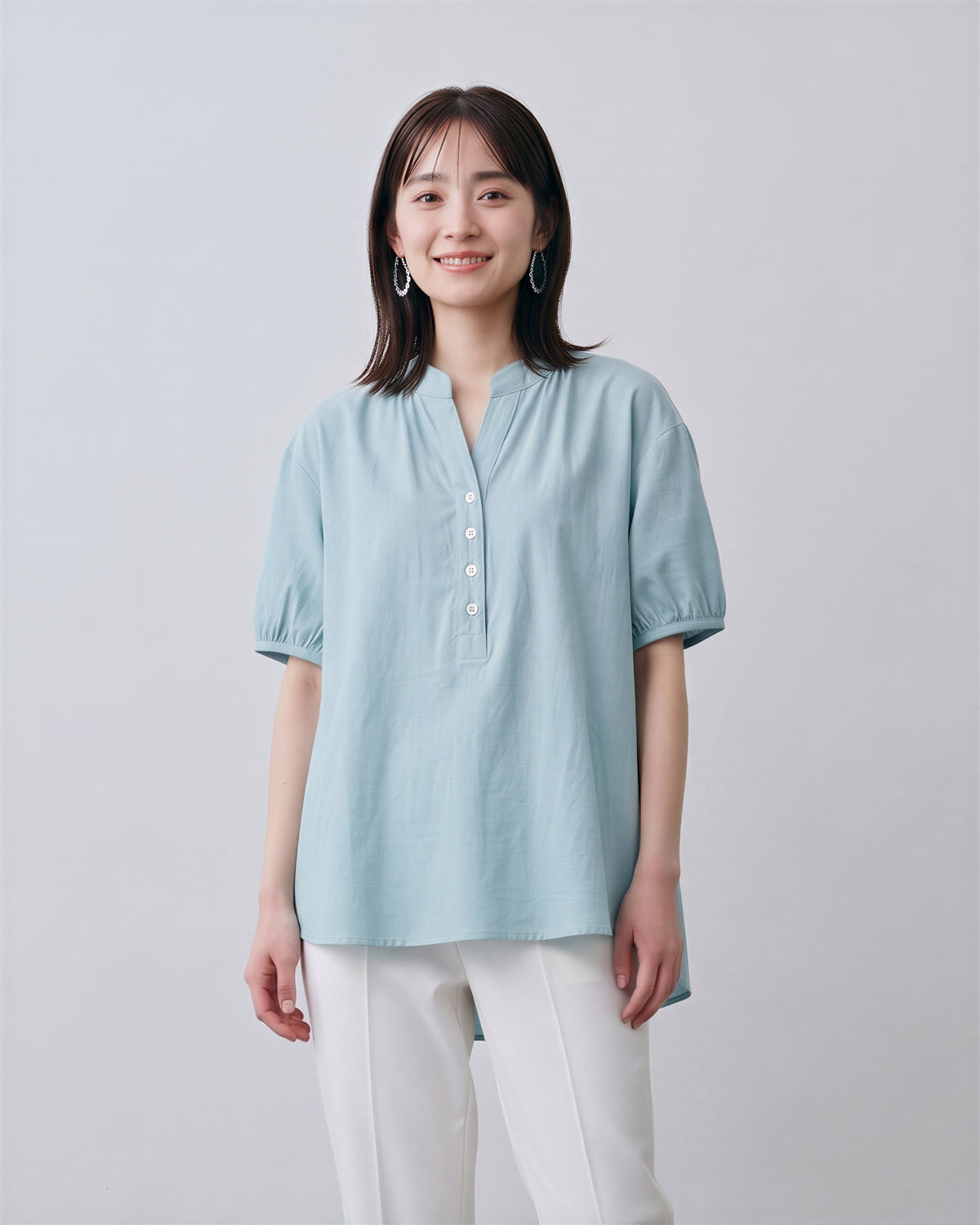 スタンドカラー ハーフプラケット パフスリーブ 半袖ブラウス-サックス-2XL