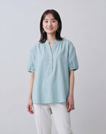 スタンドカラー ハーフプラケット パフスリーブ 半袖ブラウス-サックス-2XL