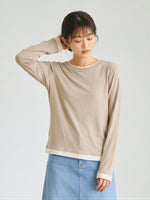 【秋新作】ラウンドネック レイヤード風 スリム見え フェイクツーピースTシャツ