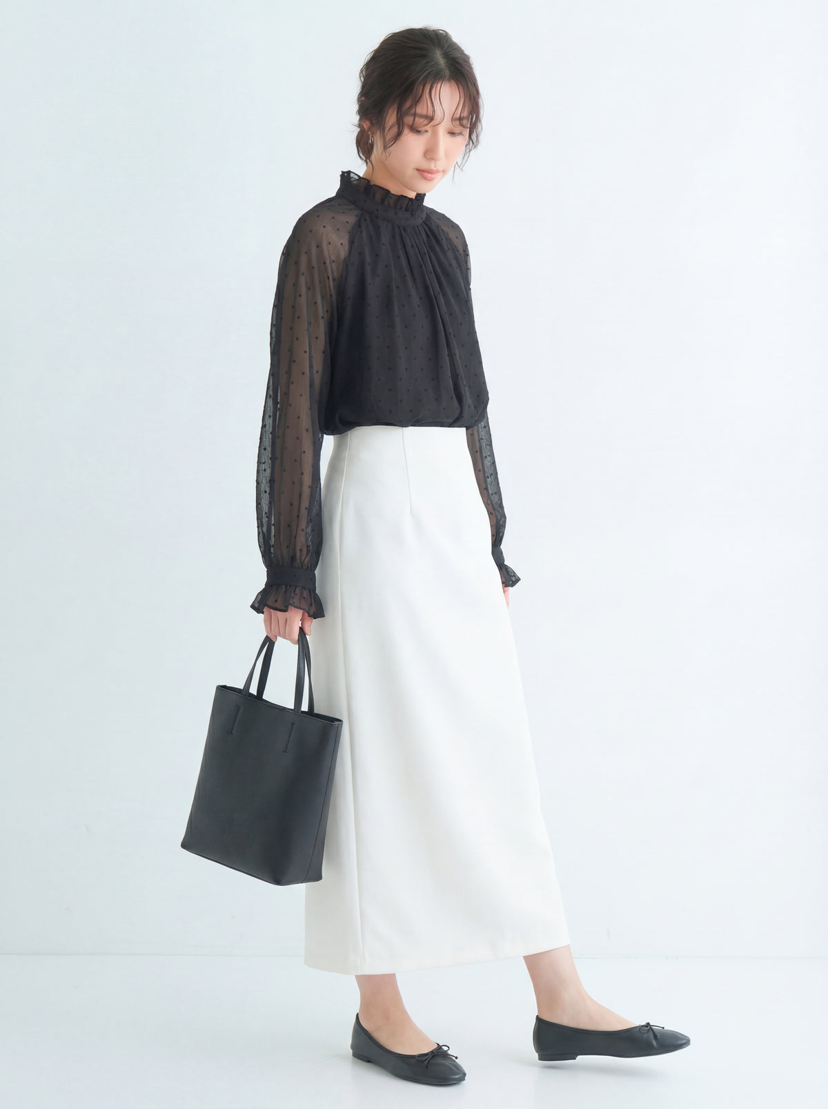 ドット柄シアー切替 スタンドカラー フリルブラウス