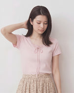 スクエアネック レーストリム リボン付き くびれ見え 半袖Tシャツ