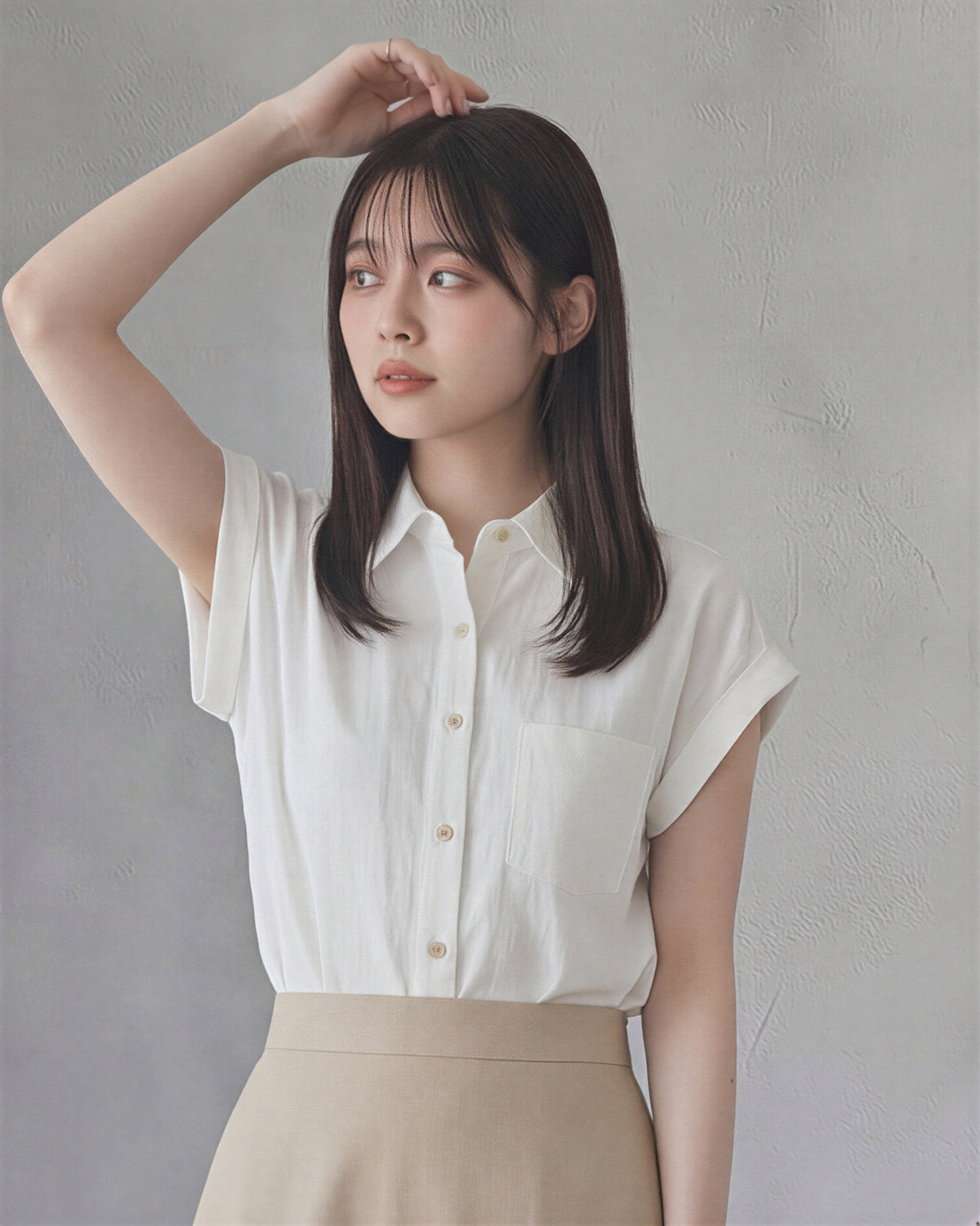 襟付きフロントボタン ロールアップ袖 ゆったり半袖シャツ