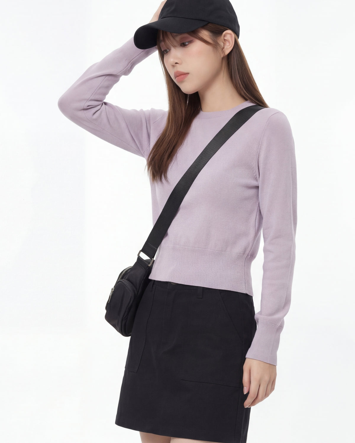 ショート丈 ウエストシェイプ ハイウエスト見え すっきりフィット クルーネック 長袖Tシャツ