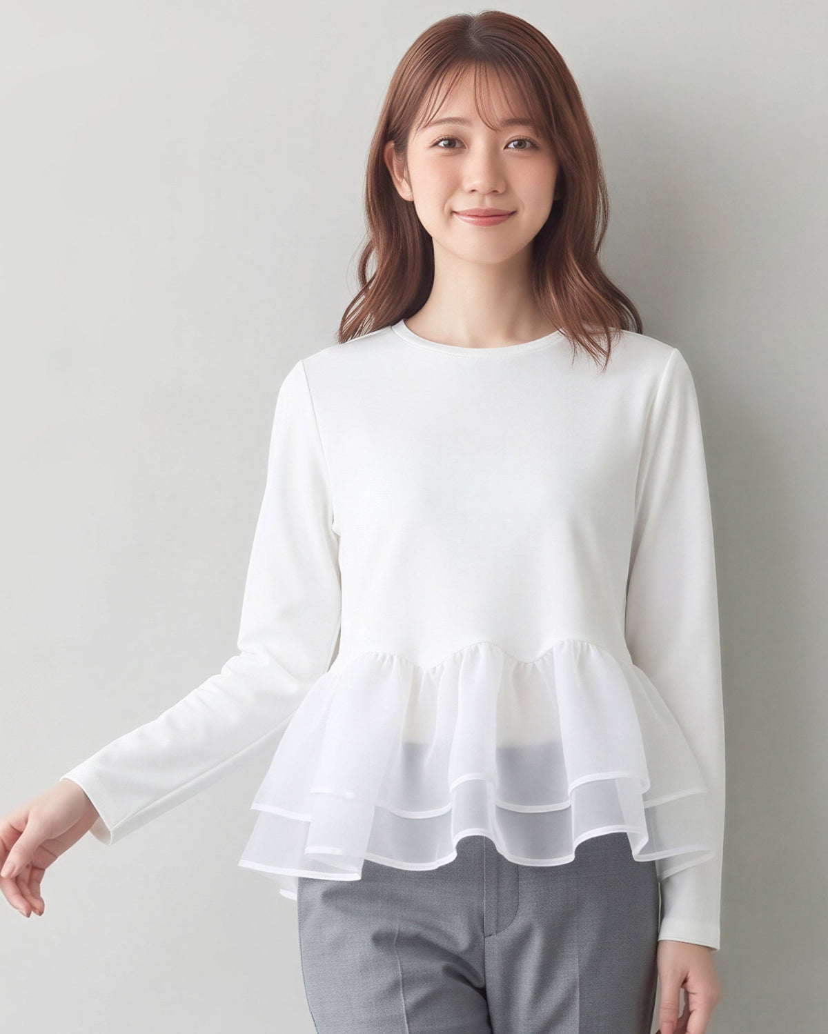 3色展開｜チュール切替・フリルヘム長袖Tシャツ