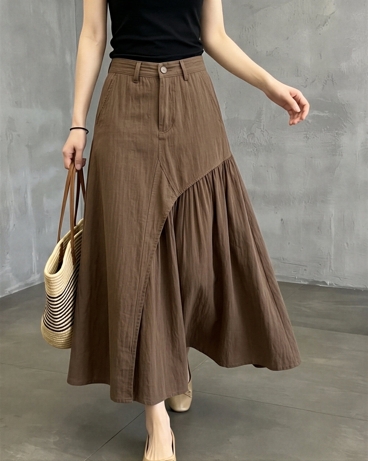 【秋新作】【全2色】S~XL アシンメトリー切り替えプリーツ Aラインロングスカート