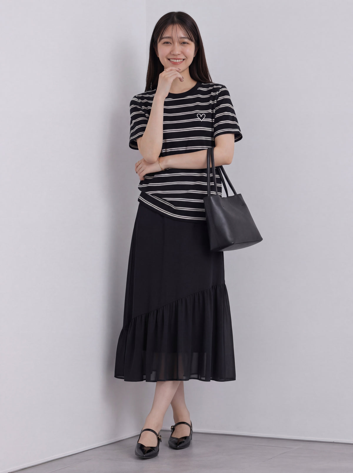 ブラック ボーダー クルーネック ゆったり 半袖Tシャツ