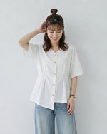 Vネック ギャザー入り ゆったりTシャツ