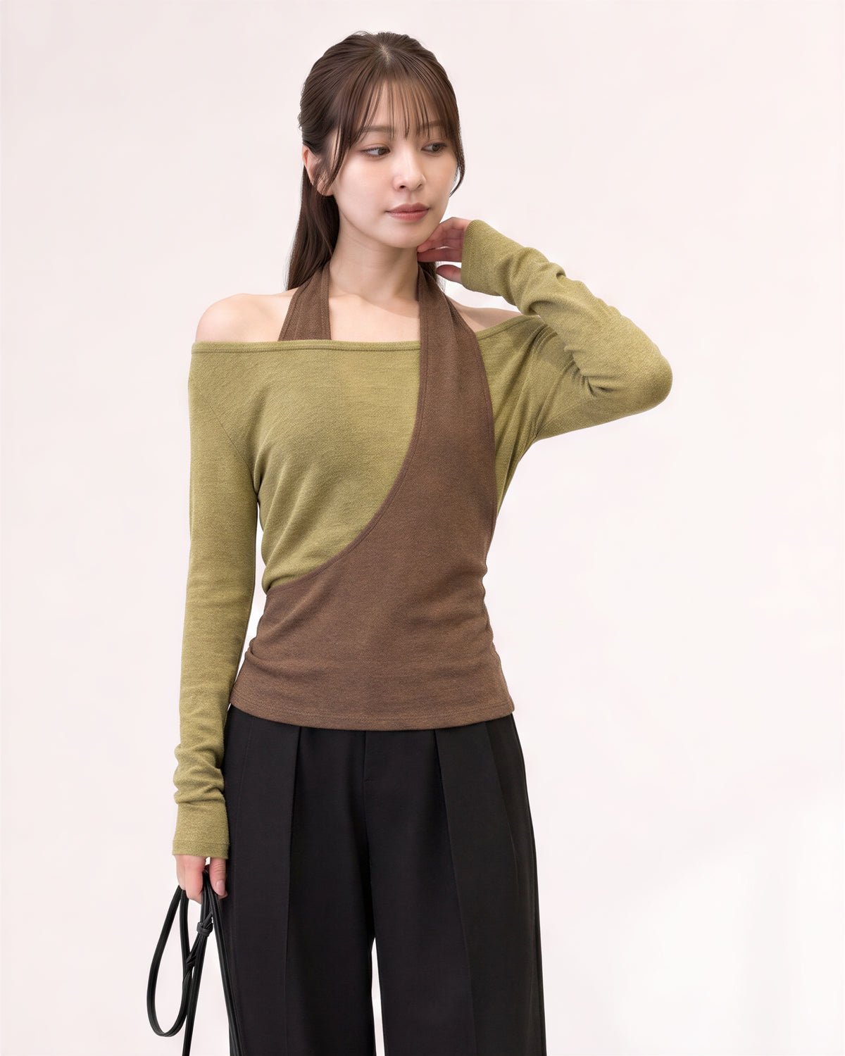 S-XL 斜めカット ホルターネック オフショルダー フェイクレイヤードTシャツ