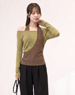 S-XL 斜めカット ホルターネック オフショルダー フェイクレイヤードTシャツ