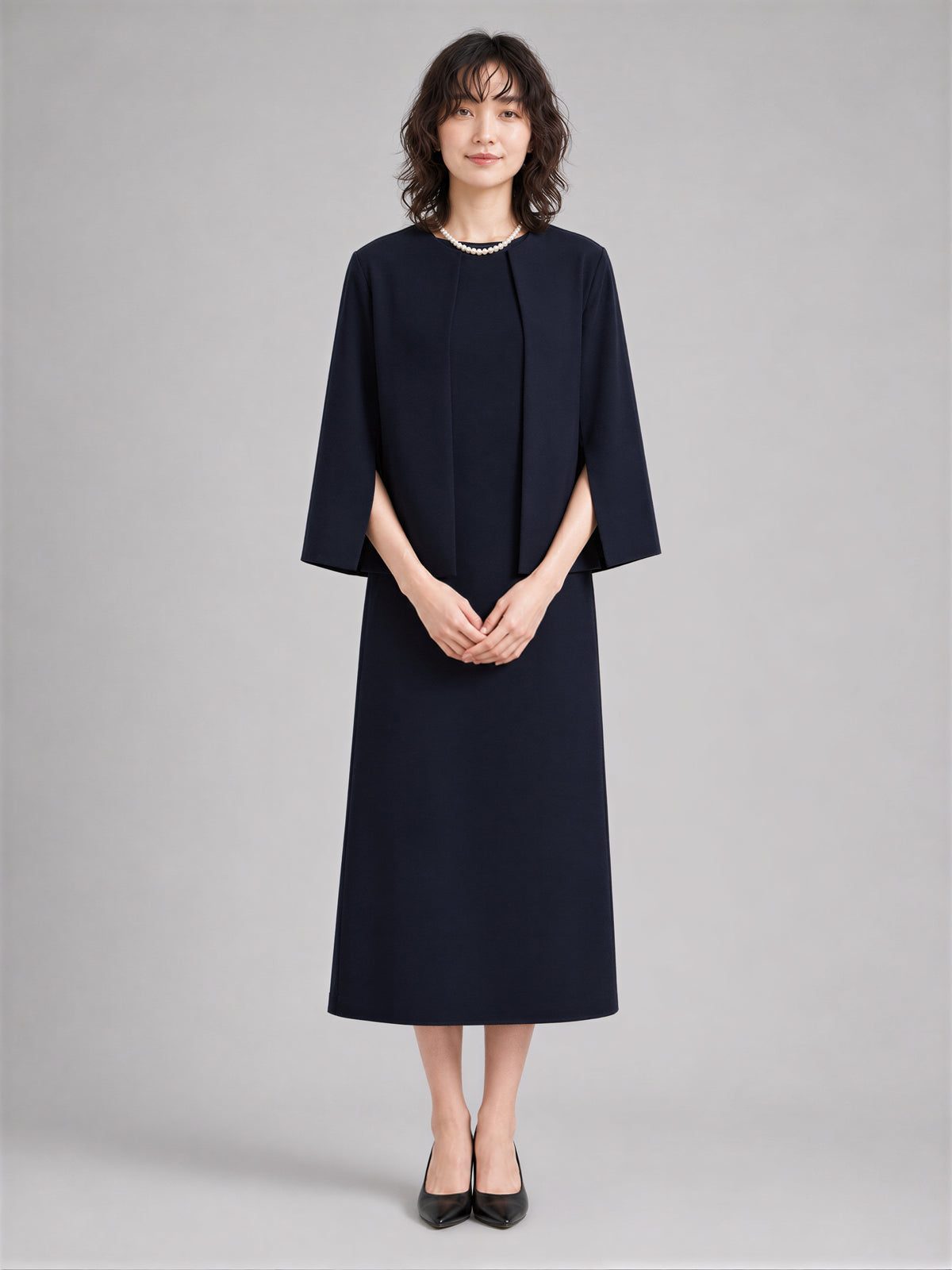 シンプルオープンフロントジャケット×ワンピース 2点セット-ダークネイビー-2XL