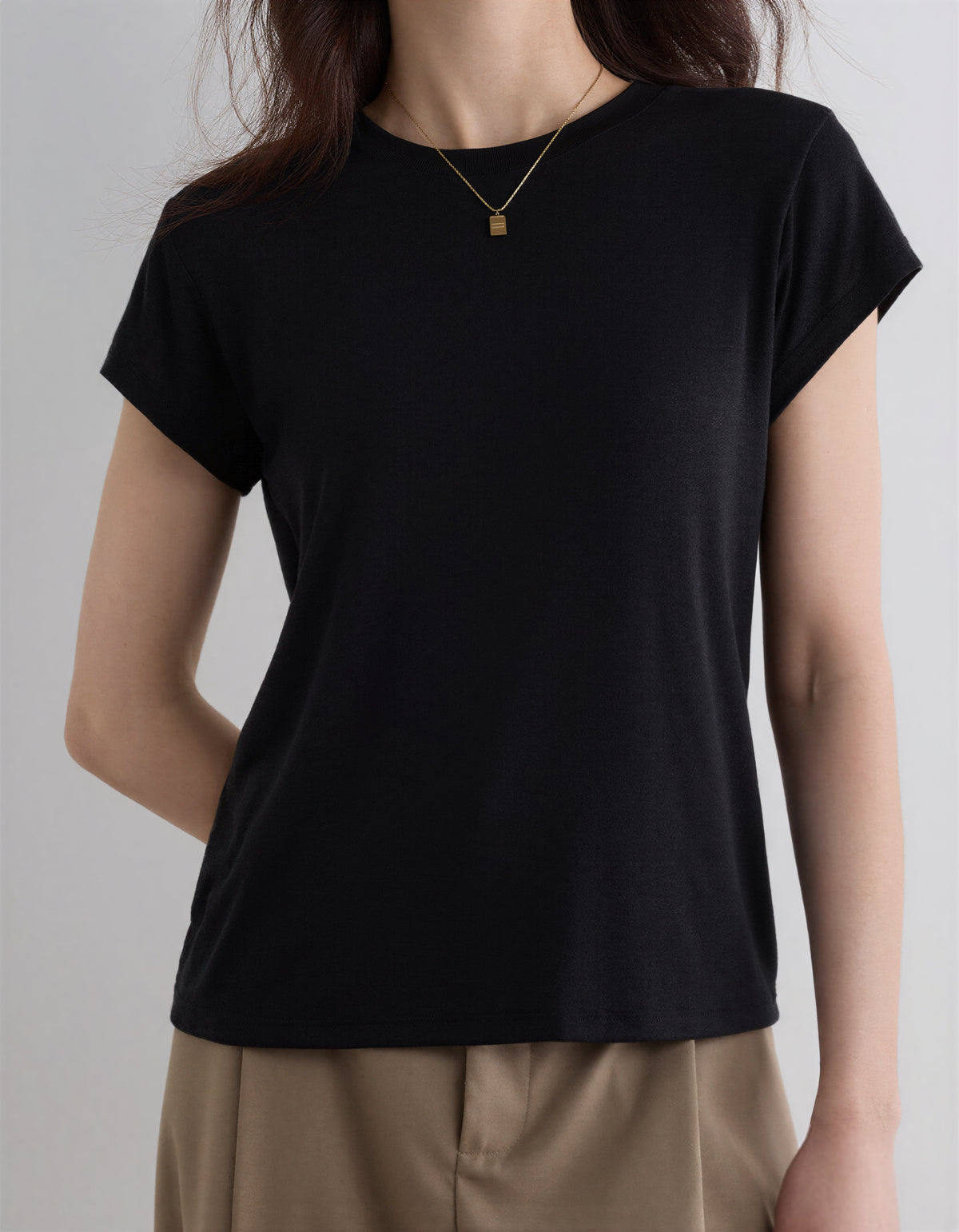レディース テンセル クルーネック 半袖Tシャツ ベーシック 細身 カジュアル-ブラック-2XL