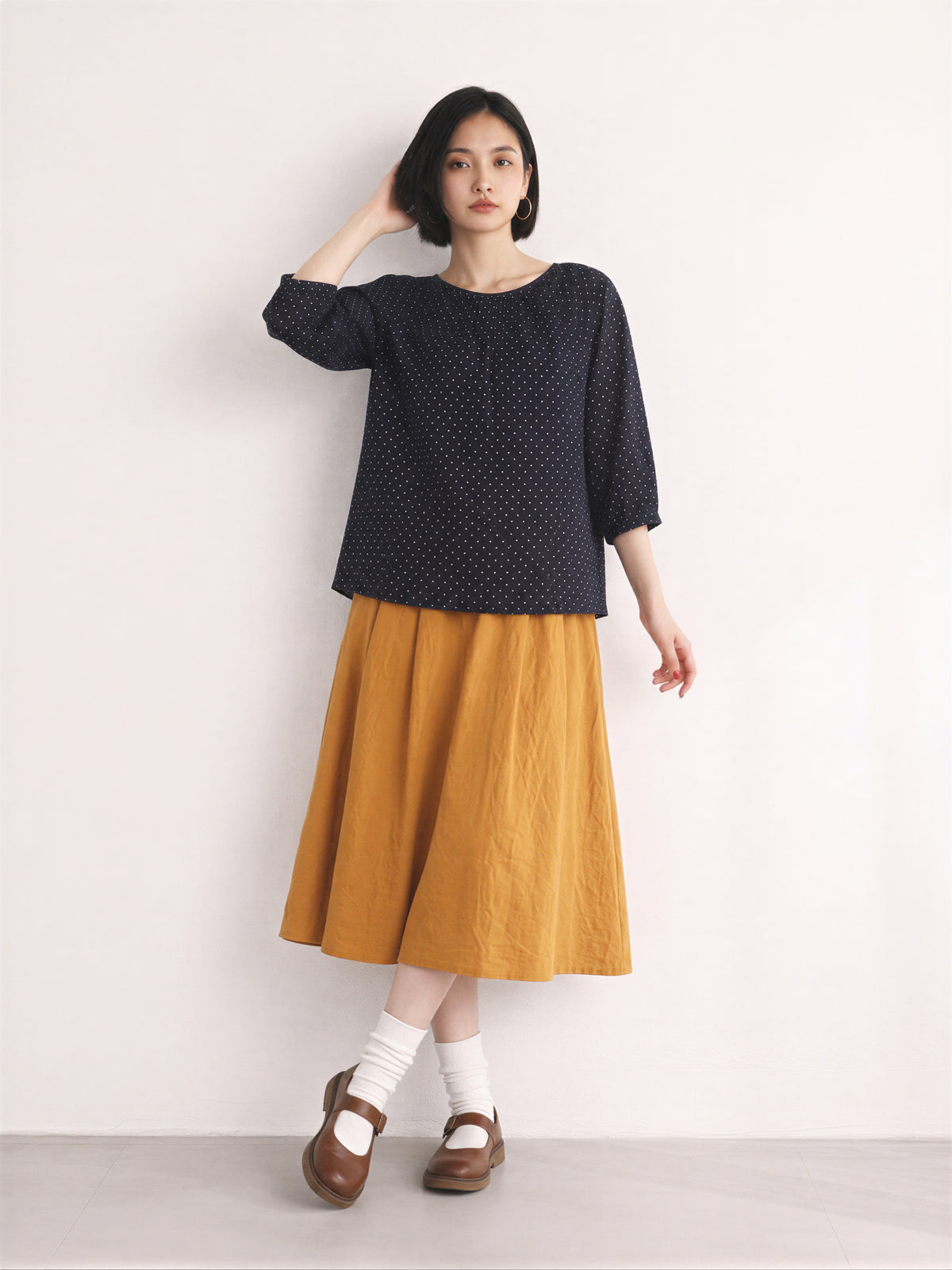 M-2XL ネイビードット ギャザー入り ゆったりブラウスXL