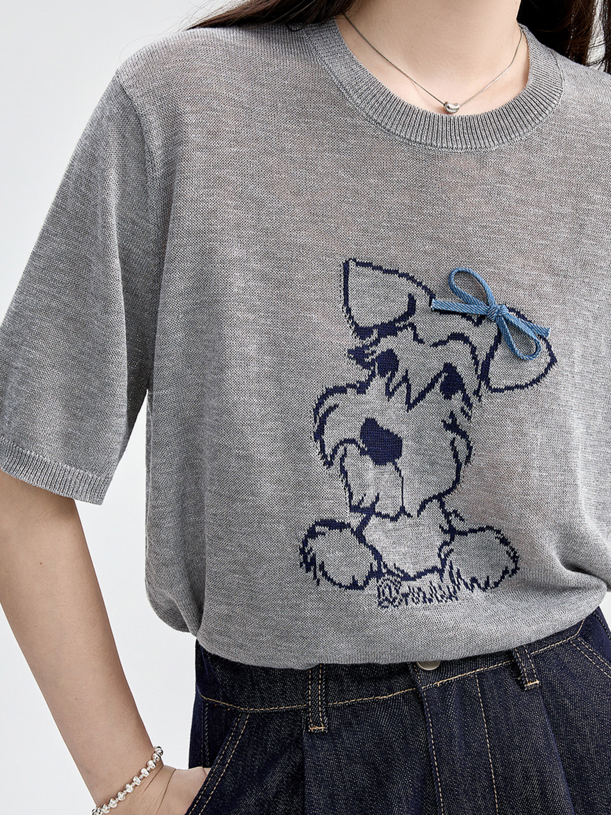 萌えおもしろ子犬刺繍！柔らか肌触りグレー半袖デザイン感ラウンドネックゆったりトップス