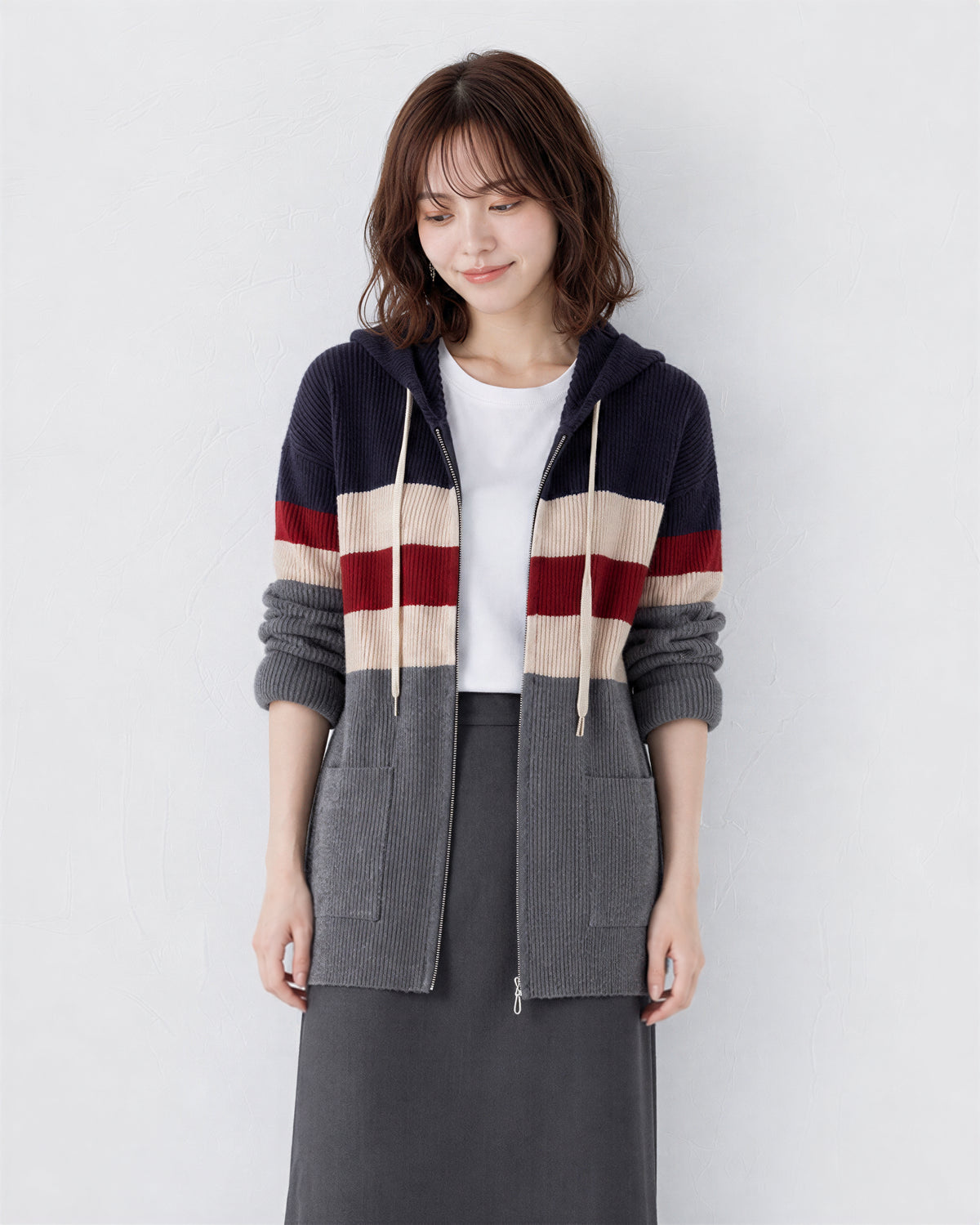 【秋新作】「全4色」M~4XL 切り替えボーダー ドローストリング フード付きニットカーディガン